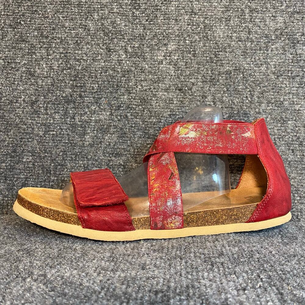 Think! Womens 12.5 EU 43 Red Leather Strappy Open Toe Sandals Cork Footbed